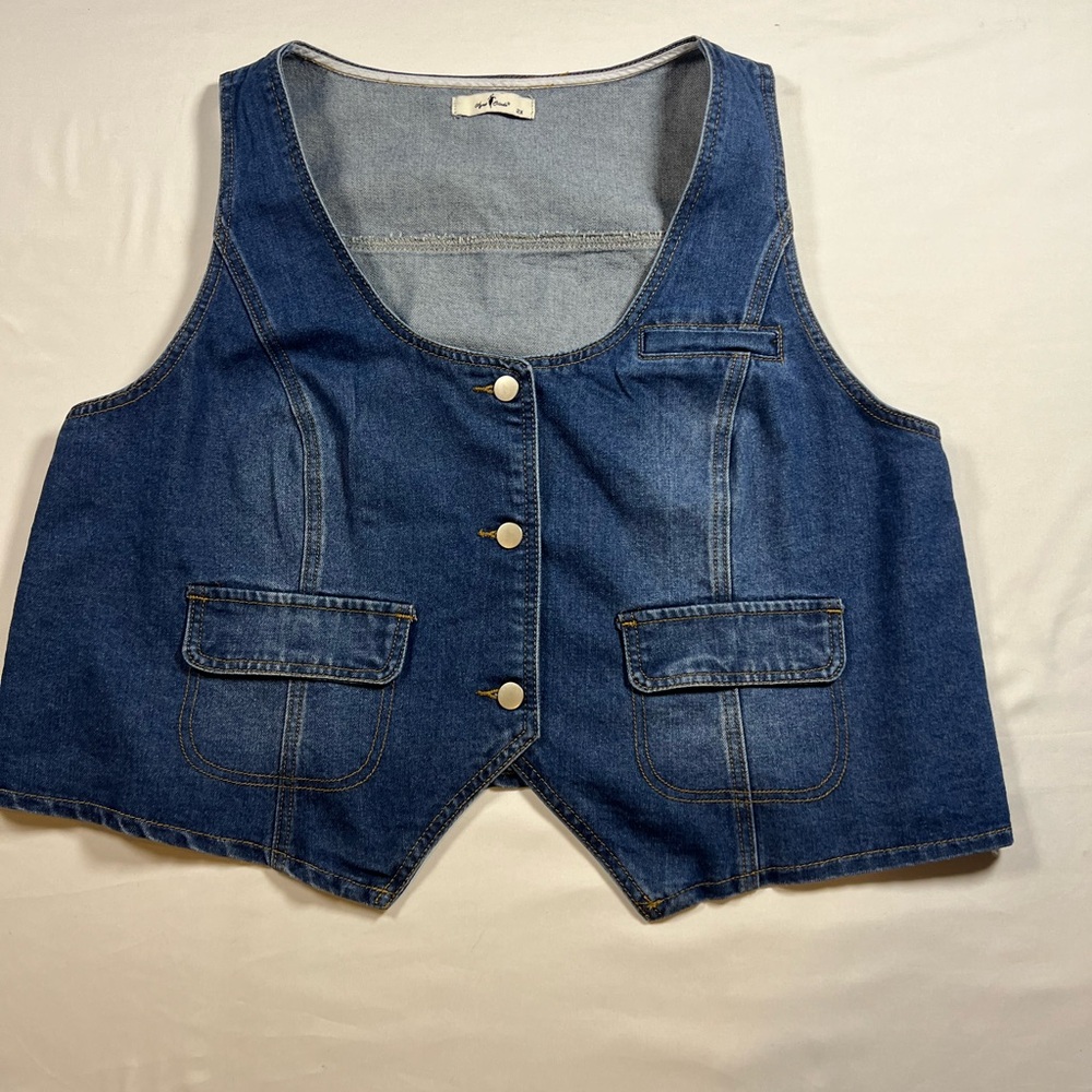 Agnes Orinda Denim Button-Front Vest in Medium Wash 2XL